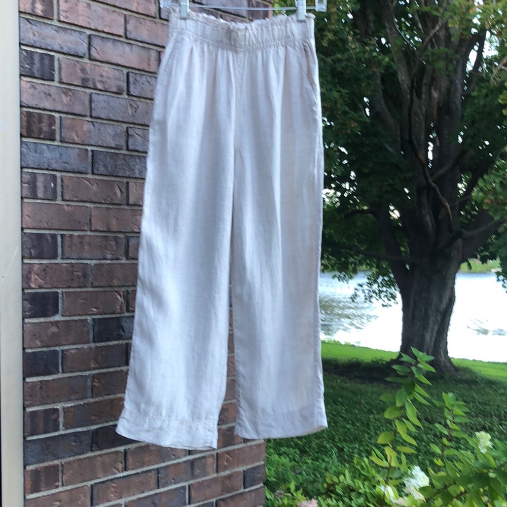 Women's Cream Elastic-Waist Linen Pants